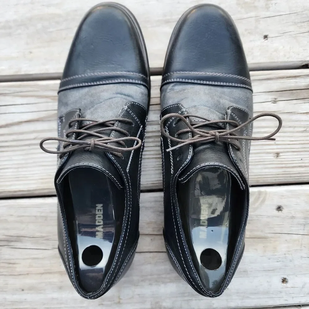 Steve Madden P Camrin Black Grey Mens Size 10M Black Leather/Canvas Cap Toe Shoe